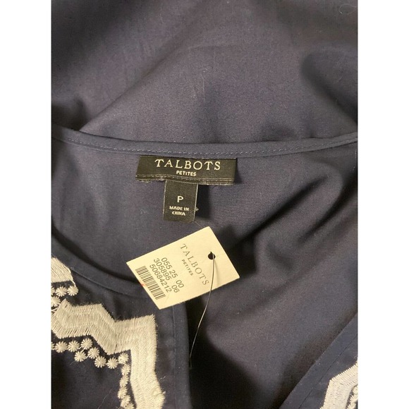 Talbots NEW P Navy Blue White Embroidered Trim Sleeveless V Neck Blouse - Picture 3 of 3